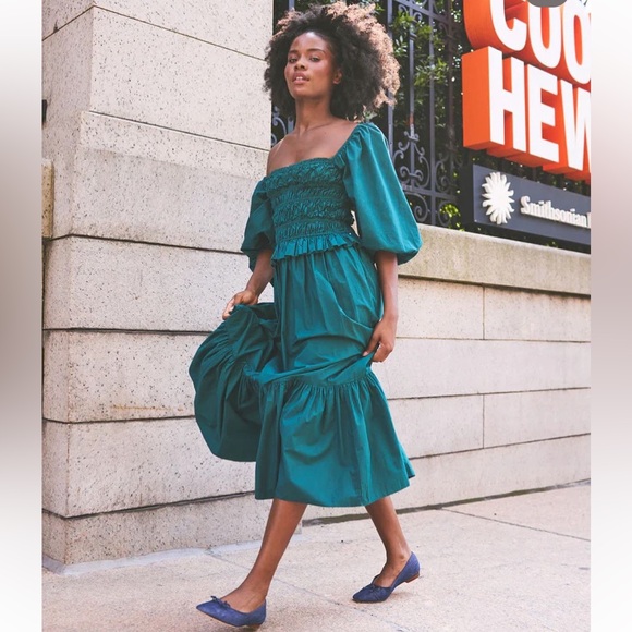 NWT CARA CARA shirred natella smocked poplin cotton midi dress puff sleeve M - Picture 6 of 6